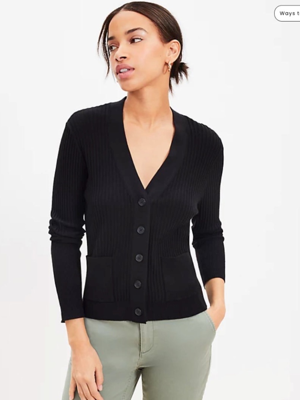 NWOT - LOFT Black Ribbed V-Neck Button Cardigan with Pockets - Sz L